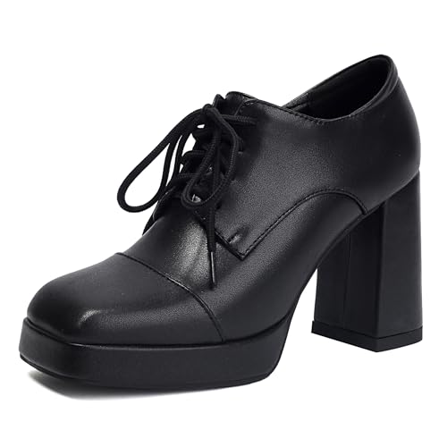 LarDorLin Schnüren Blockabsatz Damen Square Toe Oxford Derby Klassische Plateau Pumps Buro Arbeit Formal Loafer Chunky Schwarz Gr 38 EU (39 Cn) von LarDorLin