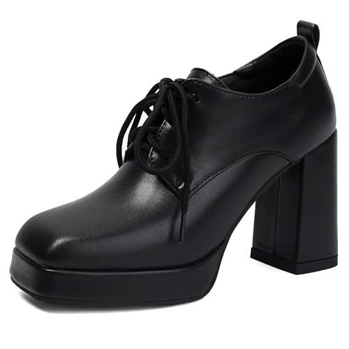 LarDorLin Schnüren Blockabsatz Damen Square Toe Oxford Derby Klassische Plateau Pumps Buro Arbeit Formal Loafer Chunky Schwarz Gr 39 EU (40 Cn) von LarDorLin