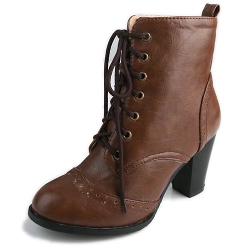 LarDorLin Schnüren Brogue Damen Stiefeletten mit Blockabsatz Runde Zehen Winter Draußen Military Chunky Chukka Biker Stiefeletten Braun Gr 34 EU von LarDorLin