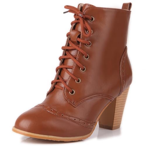LarDorLin Schnüren Brogue Damen Stiefeletten mit Blockabsatz Runde Zehen Winter Draußen Military Chunky Chukka Biker Stiefeletten Gelb Gr 32 EU von LarDorLin
