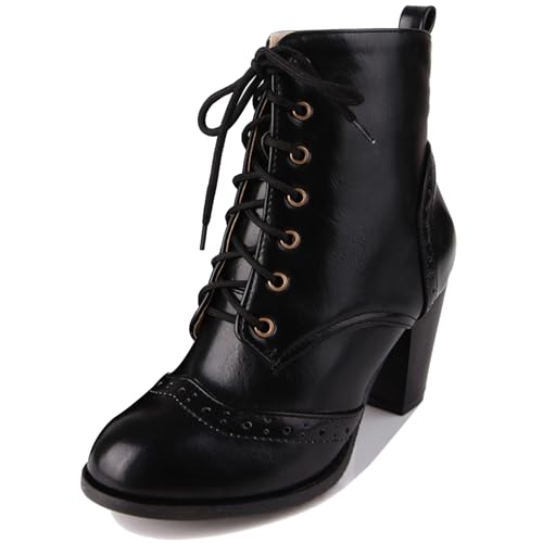 LarDorLin Schnüren Brogue Damen Stiefeletten mit Blockabsatz Runde Zehen Winter Draußen Military Chunky Chukka Biker Stiefeletten Schwarz Gr 32 EU von LarDorLin
