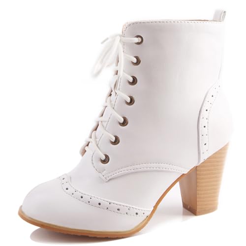 LarDorLin Schnüren Brogue Damen Stiefeletten mit Blockabsatz Runde Zehen Winter Draußen Military Chunky Chukka Biker Stiefeletten Weiß Gr 34 EU von LarDorLin