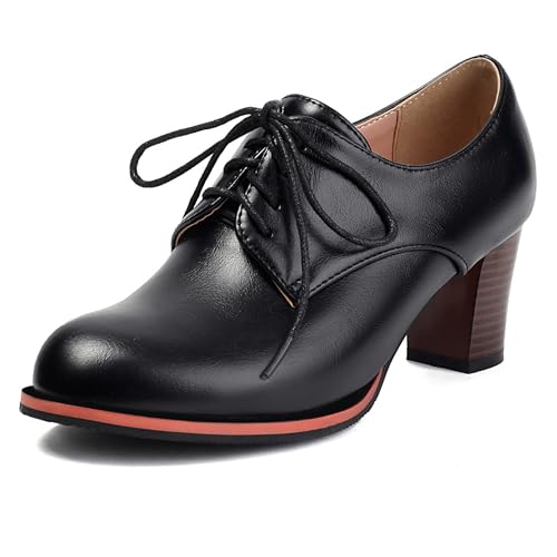 LarDorLin Schnüren Brogue Oxford Damen Blockieren Fersenpumps Buro Arbeit Runde Zehen Formal Chunky Derby Business Schwarz Gr 36 EU von LarDorLin