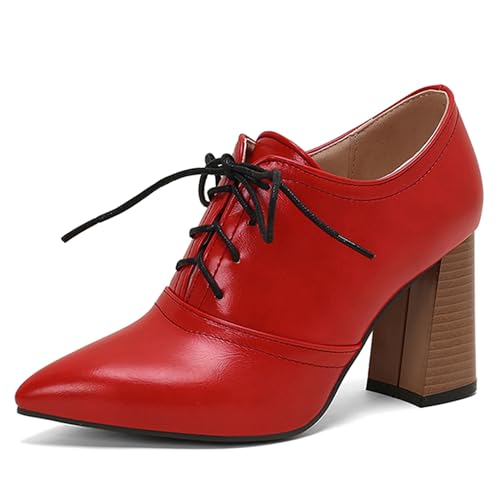 LarDorLin Schnüren Derbies Damen Chunky Heel Pointed Toe Oxford Buro Block High Schuhe Pumps Arbeit Formal Schuhe Rot Gr 40.5 EU (42 Cn) von LarDorLin
