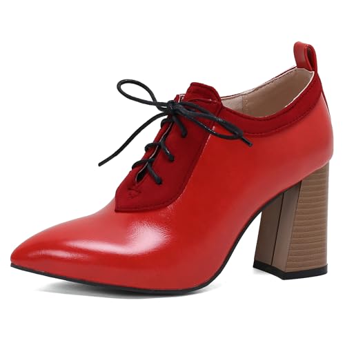 LarDorLin Schnüren Derbies Damen Chunky Heel Pointed Toe Oxford Buro Block High Schuhe Pumps Arbeit Formal Schuhe Rot Gr 41 EU (43 Cn) von LarDorLin