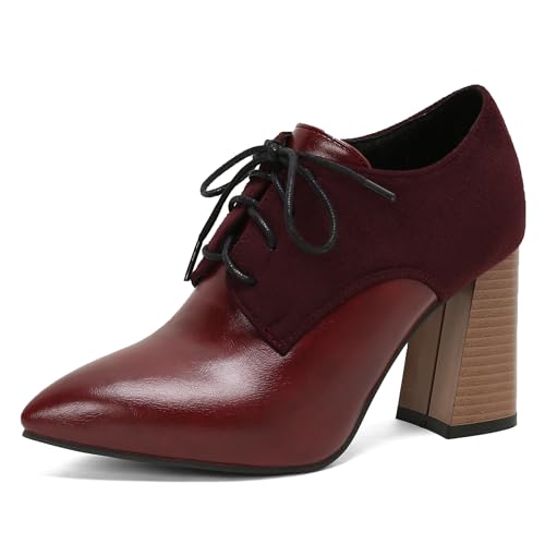 LarDorLin Schnüren Derbies Damen Chunky Heel Pointed Toe Oxford Buro Block High Schuhe Pumps Arbeit Formal Schuhe Rotwein Gr 40 EU (41 Cn) von LarDorLin
