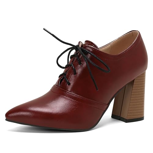 LarDorLin Schnüren Derbies Damen Chunky Heel Pointed Toe Oxford Buro Block High Schuhe Pumps Arbeit Formal Schuhe Rotwein Gr 40.5 EU (42 Cn) von LarDorLin