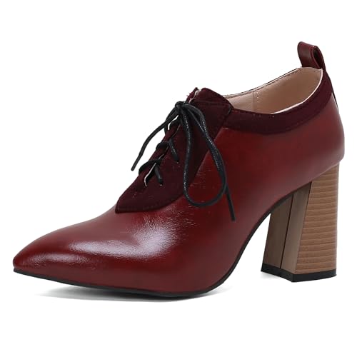 LarDorLin Schnüren Derbies Damen Chunky Heel Pointed Toe Oxford Buro Block High Schuhe Pumps Arbeit Formal Schuhe Rotwein Gr 40.5 EU (42 Cn) von LarDorLin