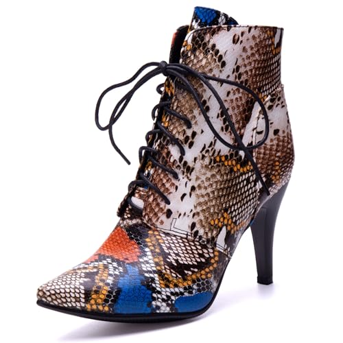 LarDorLin Schnüren Stilettos Damen Elegant Pointed Toe Stiefel Buro Brogue Mode Snakeskin Höhe Ferse Halloween Braun Gr 43 EU (45 Cn) von LarDorLin