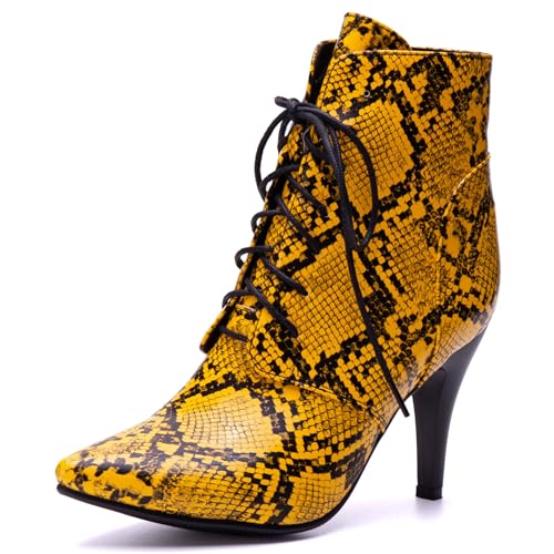 LarDorLin Schnüren Stilettos Damen Elegant Pointed Toe Stiefel Buro Brogue Mode Snakeskin Höhe Ferse Halloween Gelb Gr 40.5 EU (42 Cn) von LarDorLin