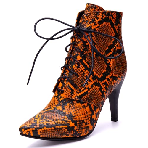 LarDorLin Schnüren Stilettos Damen Elegant Pointed Toe Stiefel Buro Brogue Mode Snakeskin Höhe Ferse Halloween Orange Gr 36 EU von LarDorLin