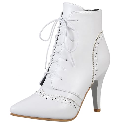 LarDorLin Schnüren Stilettos Damen Elegant Pointed Toe Stiefel Buro Brogue Mode Snakeskin Höhe Ferse Halloween Weiß Gr 32 EU von LarDorLin