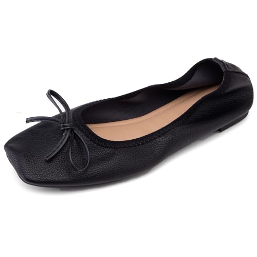 LarDorLin Square Toe Flach Damen Ohne Verschluss Komfort Ballet Dolly Schuhe Buro Arbeit Loafer Bride Hochzeit Bogen Ballerina Schwarz Gr 48 EU (50 Cn) von LarDorLin