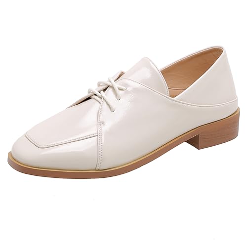 LarDorLin Square Toe Oxford Schnüren Damen Lack Derby Buro Arbeit Low Blockabsatz Pumps Comfy Formal Loafer Beige Gr 40 EU (41 Cn) von LarDorLin