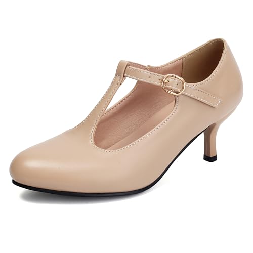 LarDorLin Stiletto Mary Jane Damen T-Spange Pumps Höhe Ferse Buro Formal Runde Zehen Schnalle Schuhe Solid Color Aprikose Gr 39 EU (40 Cn) von LarDorLin