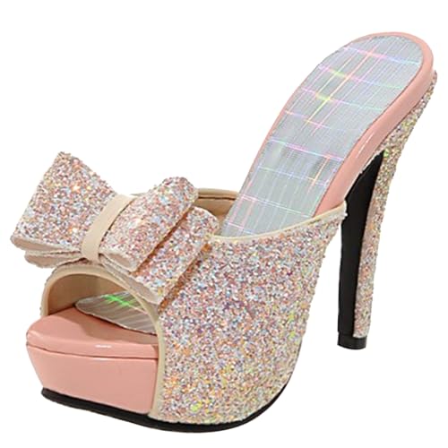 LarDorLin Stiletto Mule Pantoffeln Damen Plateau Sandals Peep Toe Hochzeit Glitzer Höhe Ferse Glitzersteine Hausschuhe Pantoffeln Bogen Pink Gr 43 EU (45 CN) von LarDorLin