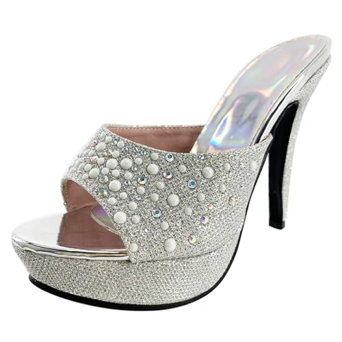 LarDorLin Stiletto Mule Pantoffeln Damen Plateau Sandals Peep Toe Hochzeit Glitzer Höhe Ferse Glitzersteine Hausschuhe Pantoffeln Bogen Silber Gr 40.5 EU (42 CN) von LarDorLin