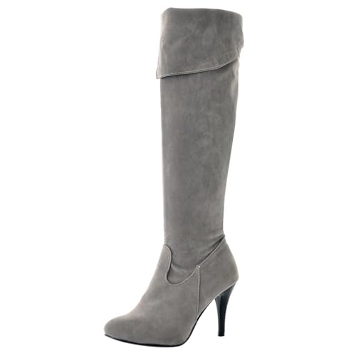 LarDorLin Stilettos Damen Stretch Overknee Stiefel Ohne Verschluss Winter Warm Höhe Ferse Elegant Overknees Stiefel Buro Grau Gr 49 EU (51 Cn) von LarDorLin