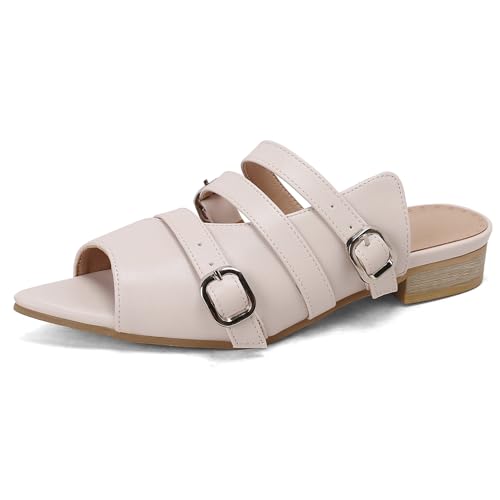 LarDorLin Strand Pantoffeln Damen Peep Toe Mule Schnalle Strap Sommer Flip Flops Draußen Niedrige Absatz Hausschuhe Pantoffeln Sandals Comfy Beige Gr 40.5 EU (42 CN) von LarDorLin