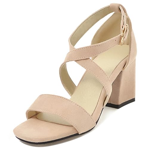 LarDorLin Wildleder Block Sandalen Damen Offene Zeh Knöchelriemchen Sandals Schnalle Sommer Hochzeit Party Simple Chunky Buro Beige Gr 32 EU von LarDorLin