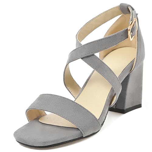 LarDorLin Wildleder Block Sandalen Damen Offene Zeh Knöchelriemchen Sandals Schnalle Sommer Hochzeit Party Simple Chunky Buro Grau Gr 36.5 EU (37 CN) von LarDorLin