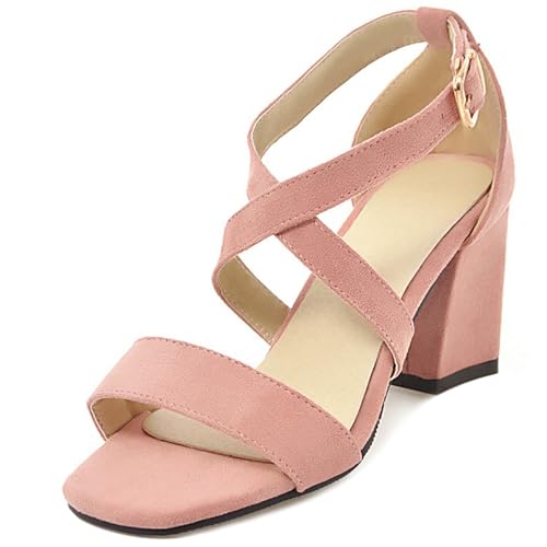 LarDorLin Wildleder Block Sandalen Damen Offene Zeh Knöchelriemchen Sandals Schnalle Sommer Hochzeit Party Simple Chunky Buro Pink Gr 36 EU von LarDorLin