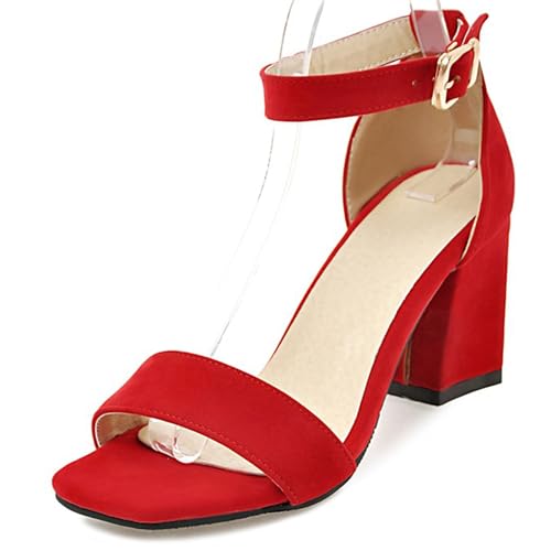 LarDorLin Wildleder Block Sandalen Damen Offene Zeh Knöchelriemchen Sandals Schnalle Sommer Hochzeit Party Simple Chunky Buro Rot Gr 38 EU (39 CN) von LarDorLin