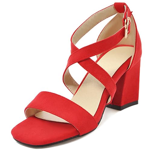 LarDorLin Wildleder Block Sandalen Damen Offene Zeh Knöchelriemchen Sandals Schnalle Sommer Hochzeit Party Simple Chunky Buro Rot Gr 38 EU (39 CN) von LarDorLin