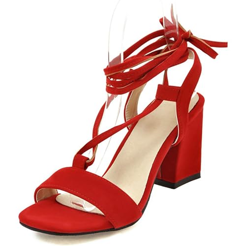 LarDorLin Wildleder Block Sandalen Damen Offene Zeh Knöchelriemchen Sandals Schnalle Sommer Hochzeit Party Simple Chunky Buro Rot Gr 39 EU (40 CN) von LarDorLin