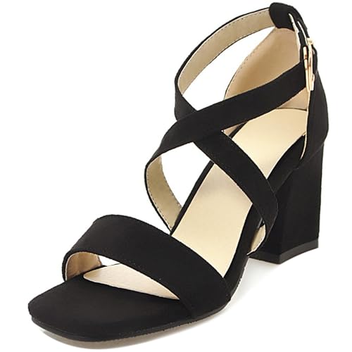 LarDorLin Wildleder Block Sandalen Damen Offene Zeh Knöchelriemchen Sandals Schnalle Sommer Hochzeit Party Simple Chunky Buro Schwarz Gr 35 EU von LarDorLin