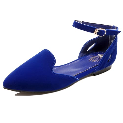 LarDorLin Wildleder Flach Damen Pointed Toe Dolly Schuhe Knöchelriemchen Leisure Gehen Driving Komfort Ballet Arbeit Flach Schuhe Blau Gr 35 EU von LarDorLin