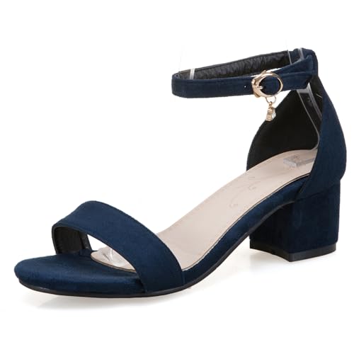 LarDorLin Wildleder Mid Block Sandalen Damen Comfy Knöchelriemchen Sandals Sommer Simple Hochzeit Buro Arbeit Schnalle Chunky Blau Gr 31 EU von LarDorLin