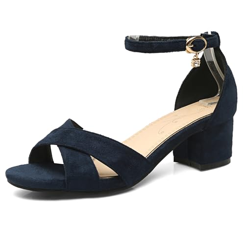 LarDorLin Wildleder Mid Block Sandalen Damen Comfy Knöchelriemchen Sandals Sommer Simple Hochzeit Buro Arbeit Schnalle Chunky Blau Gr 32 EU von LarDorLin