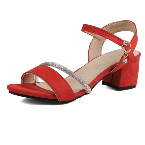LarDorLin Wildleder Mid Block Sandalen Damen Comfy Knöchelriemchen Sandals Sommer Simple Hochzeit Buro Arbeit Schnalle Chunky Rot Gr 36 EU von LarDorLin