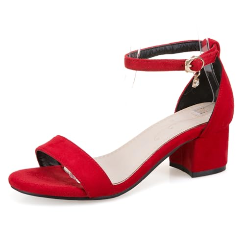 LarDorLin Wildleder Mid Block Sandalen Damen Comfy Knöchelriemchen Sandals Sommer Simple Hochzeit Buro Arbeit Schnalle Chunky Rot Gr 40.5 EU (42 CN) von LarDorLin