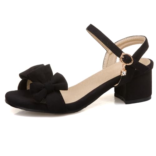 LarDorLin Wildleder Mid Block Sandalen Damen Comfy Knöchelriemchen Sandals Sommer Simple Hochzeit Buro Arbeit Schnalle Chunky Schwarz Gr 33 EU von LarDorLin