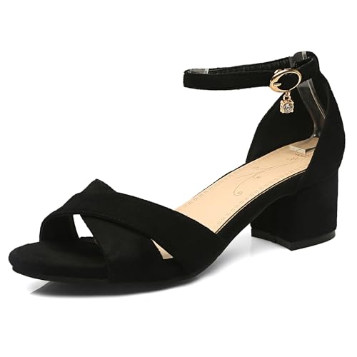 LarDorLin Wildleder Mid Block Sandalen Damen Comfy Knöchelriemchen Sandals Sommer Simple Hochzeit Buro Arbeit Schnalle Chunky Schwarz Gr 45 EU (47 CN) von LarDorLin