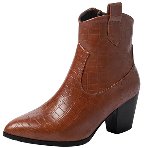 LarDorLin Winter Block Stiefel Damen Pointed Toe Chelsea Stiefel Buro Warm Chunky Ankle Stiefeletten Reißverschluss Cowboy Western Braun Gr 40.5 EU (42 Cn) von LarDorLin