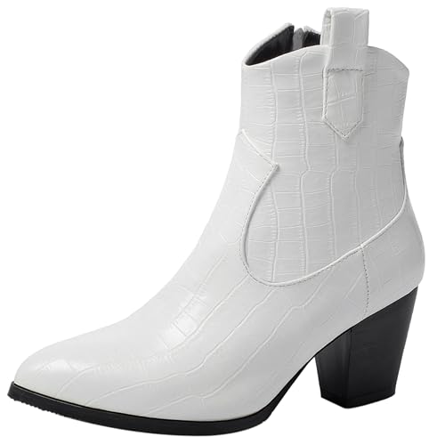 LarDorLin Winter Block Stiefel Damen Pointed Toe Chelsea Stiefel Buro Warm Chunky Ankle Stiefeletten Reißverschluss Cowboy Western Weiß Gr 49 EU (51 Cn) von LarDorLin