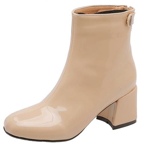 LarDorLin Winter Chelsea Damen Stiefeletten mit Blockabsatz Formal Buro Arbeit Warm Stiefeletten Zip Mode Wildleder Chunky Lack Aprikose Gr 34 EU von LarDorLin