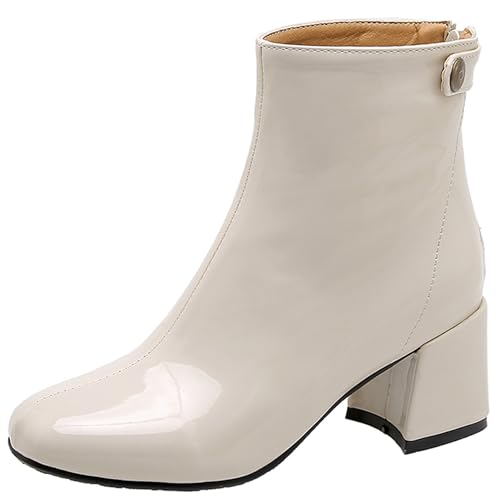 LarDorLin Winter Chelsea Damen Stiefeletten mit Blockabsatz Formal Buro Arbeit Warm Stiefeletten Zip Mode Wildleder Chunky Lack Beige Gr 40.5 EU (42 Cn) von LarDorLin