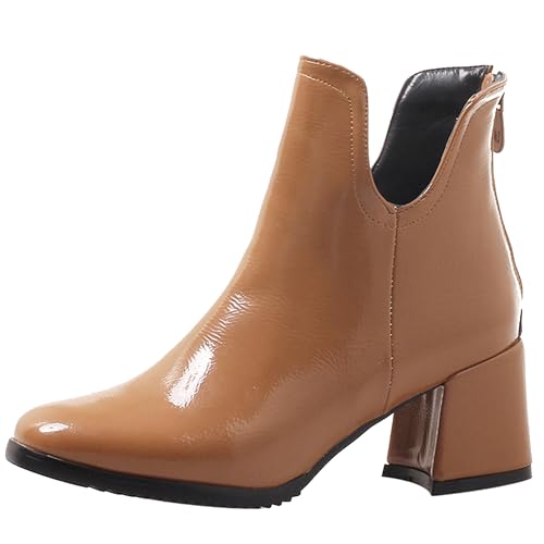LarDorLin Winter Chelsea Damen Stiefeletten mit Blockabsatz Formal Buro Arbeit Warm Stiefeletten Zip Mode Wildleder Chunky Lack Gelb Gr 32 EU von LarDorLin
