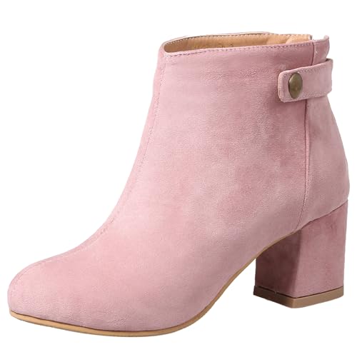 LarDorLin Winter Chelsea Damen Stiefeletten mit Blockabsatz Formal Buro Arbeit Warm Stiefeletten Zip Mode Wildleder Chunky Lack Pink Gr 39 EU (40 Cn) von LarDorLin