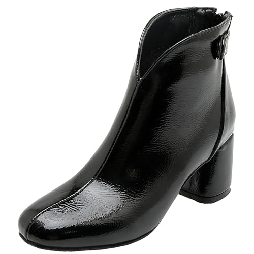 LarDorLin Winter Chelsea Damen Stiefeletten mit Blockabsatz Formal Buro Arbeit Warm Stiefeletten Zip Mode Wildleder Chunky Lack Schwarz Gr 33 EU von LarDorLin