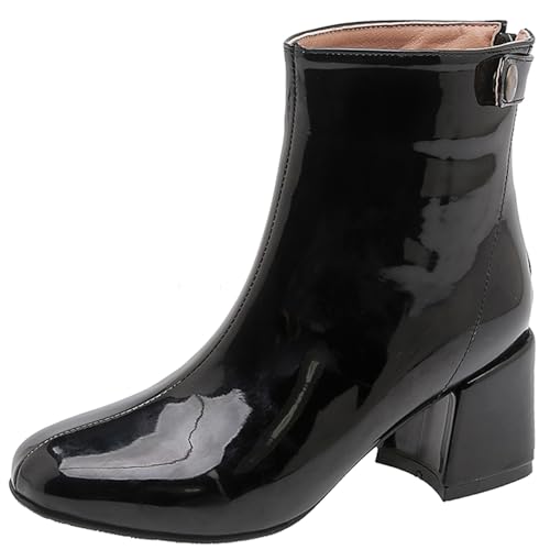 LarDorLin Winter Chelsea Damen Stiefeletten mit Blockabsatz Formal Buro Arbeit Warm Stiefeletten Zip Mode Wildleder Chunky Lack Schwarz Gr 33 EU von LarDorLin