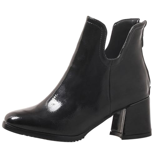 LarDorLin Winter Chelsea Damen Stiefeletten mit Blockabsatz Formal Buro Arbeit Warm Stiefeletten Zip Mode Wildleder Chunky Lack Schwarz Gr 35 EU von LarDorLin