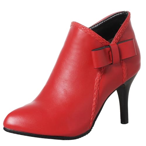 LarDorLin Winter Mittelhohe Stiefel Damen Formal Stiefeletten Buro Arbeit Stiletto Zip Warm Stiefeletten Bogen Elegant Abend Chelsea Rot Gr 39 EU (40 Cn) von LarDorLin