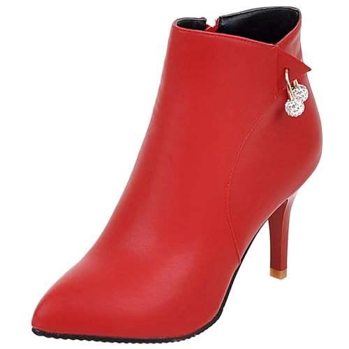 LarDorLin Winter Stilettos Damen Pointed Toe Stiefeletten Buro Formal Höhe Ferse Zip Chelsea Elegant Bridal Stiefeletten Rot Gr 52 EU (54 Cn) von LarDorLin
