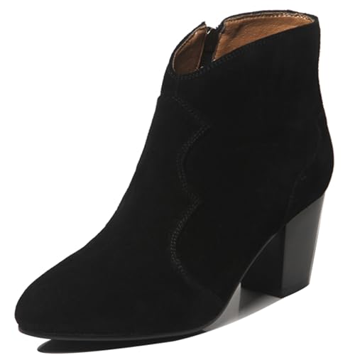 LarDorLin Zip Chelsea Damen Blockabsatz Wildleder Stiefeletten Vintage Winter Pointed Toe Western Cowboy Chunky Stiefeletten Schwarz Gr 33 EU von LarDorLin