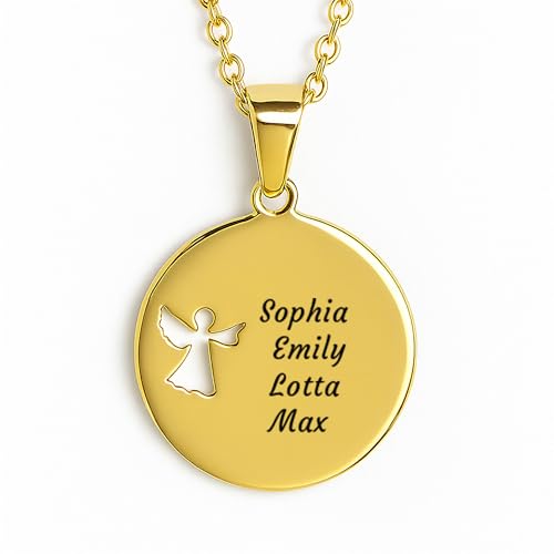 Personalisierte Kette Damen Familienkette mit Kindernamen oder Enkelkindern als Schutzengel Engelkette Geschenk für Mama oder Oma zum Geburtstag Muttertag Weihnachten oder Ostern (4 Namen vergoldet) von LaraZeidler Berlin